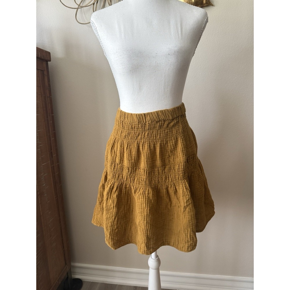 Madewell Skirt Womens S Mustard Cotton Gauze Tiered Mini Smocked Boho Autumn